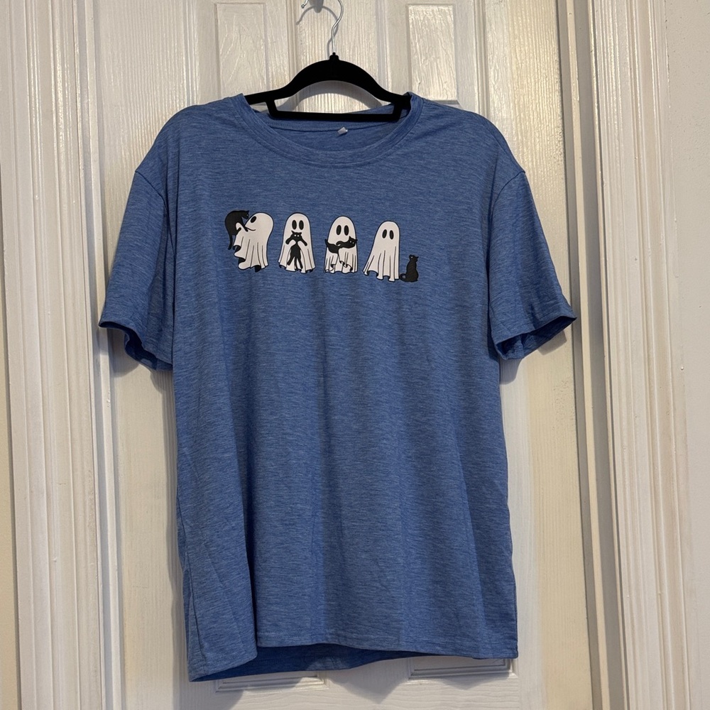 Blue Halloween shirt with ghosts and black cat